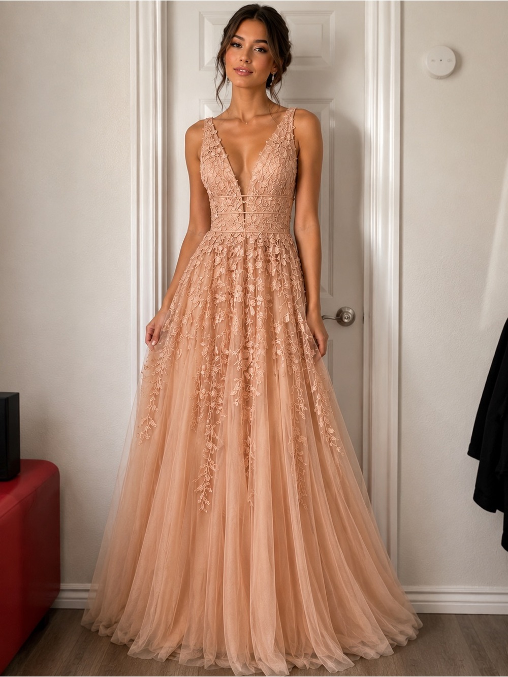 Sherri Hill Peach Lace Appliqué Tulle Prom Gown